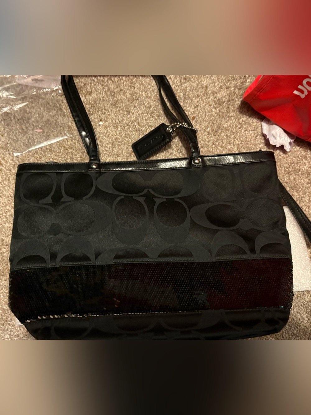 Coach Black Signature Tote with black Sequin Panel